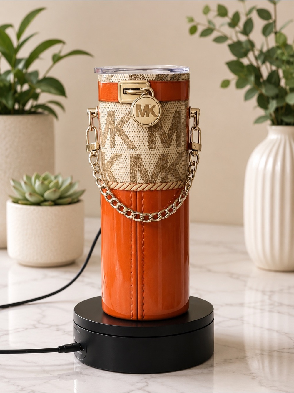 Michael Kors Orange and Beige MK Monogram Tumbler Sleeve with Gold Chain